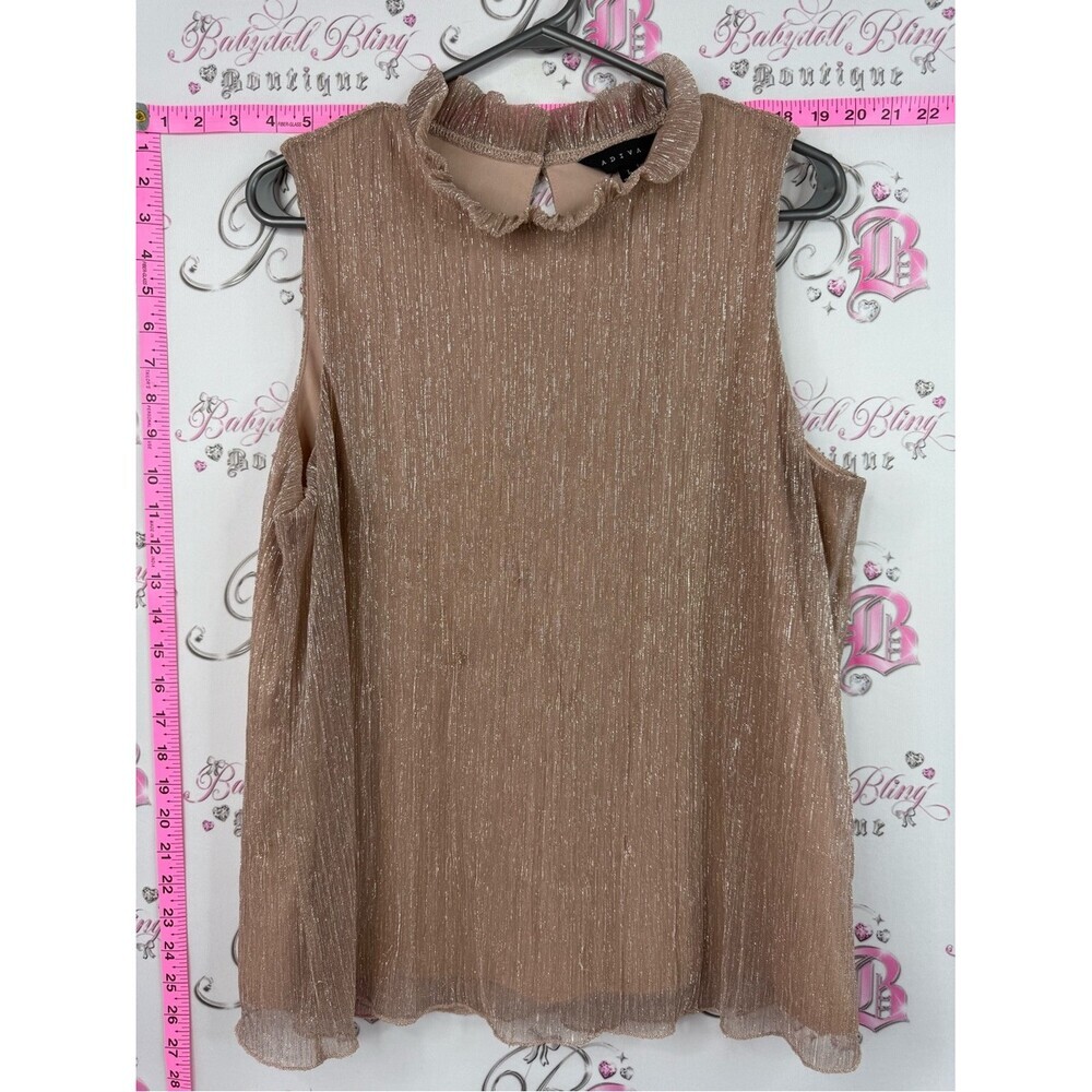 Adiva tank top ruffle shimmer shiny Metallic Taupe Ruffle Neck Sleeveless Top